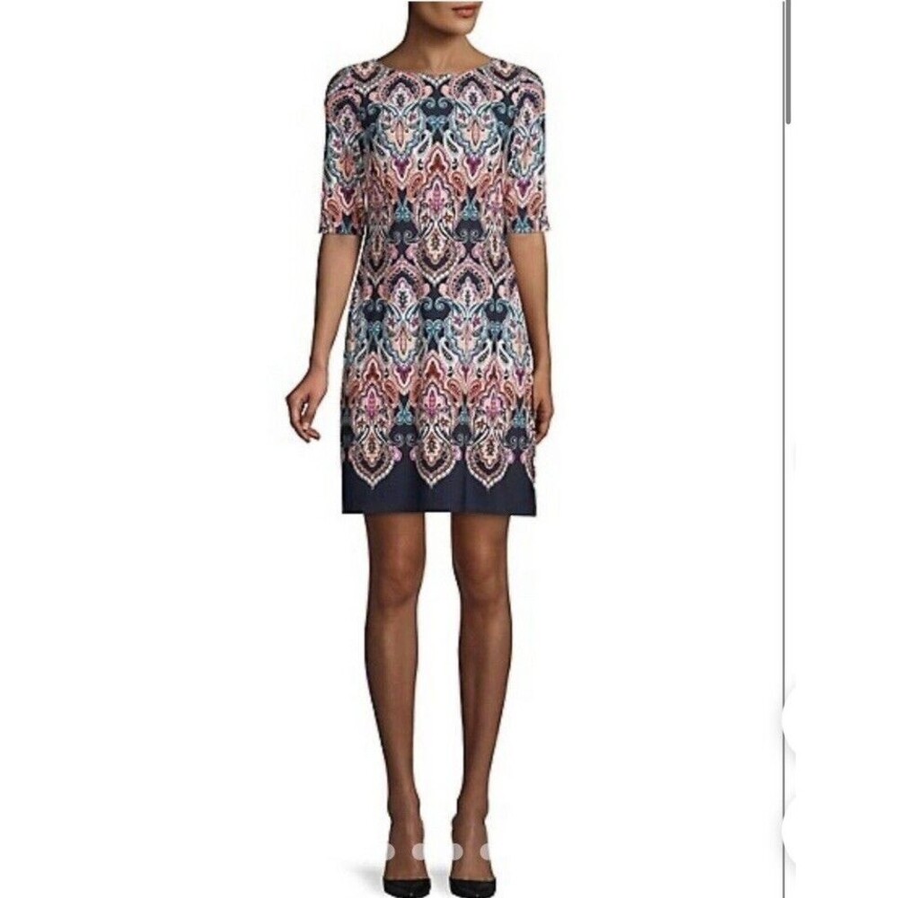 Eliza J Women Slinky Knit Shift Dress Size 4 Lined Printed Back Zipper Excellent
